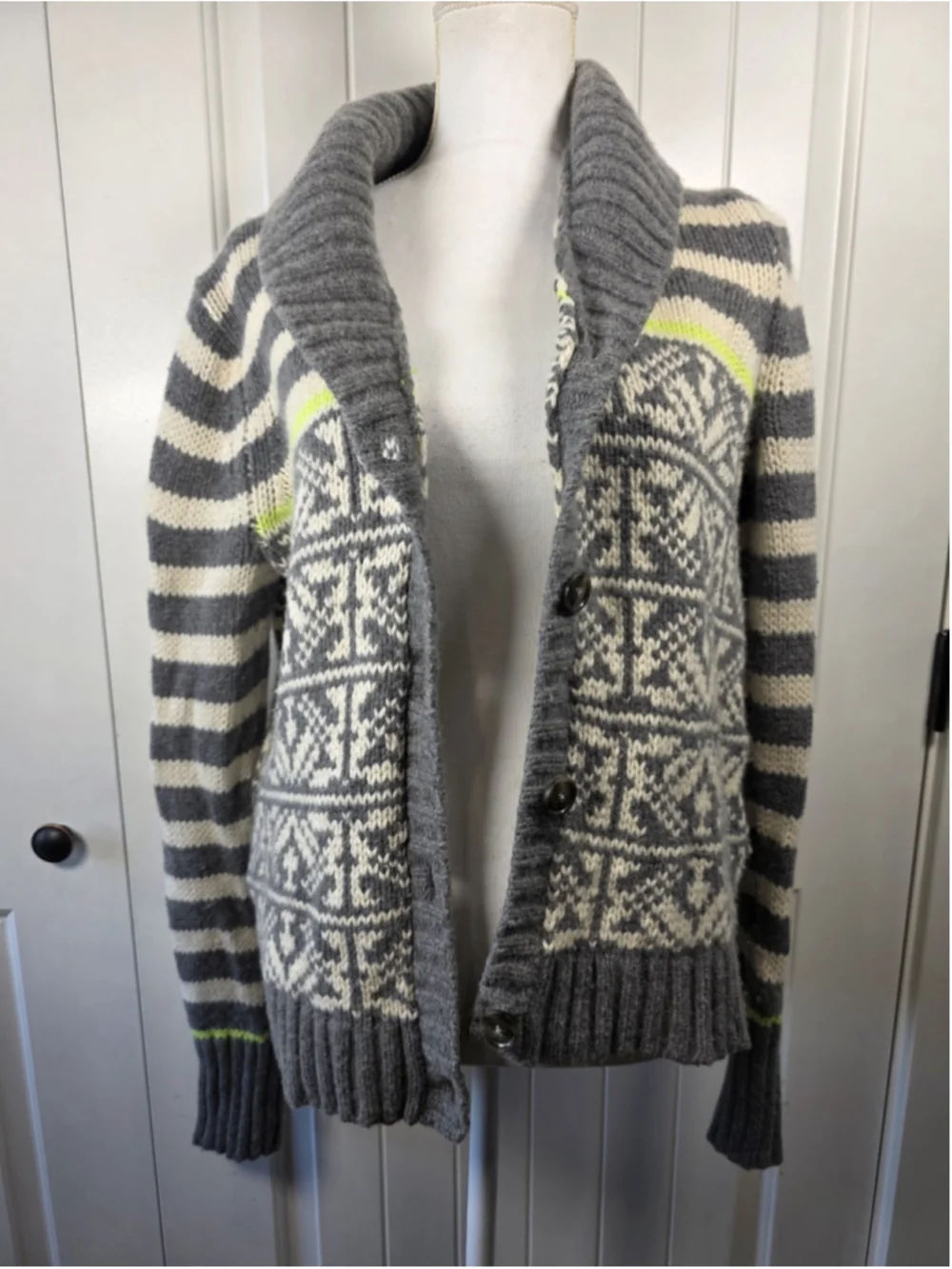 Gap Lambswool Blend Fair Isle Cardigan Sweater L Gray Ivory Shawl Collar Nordic